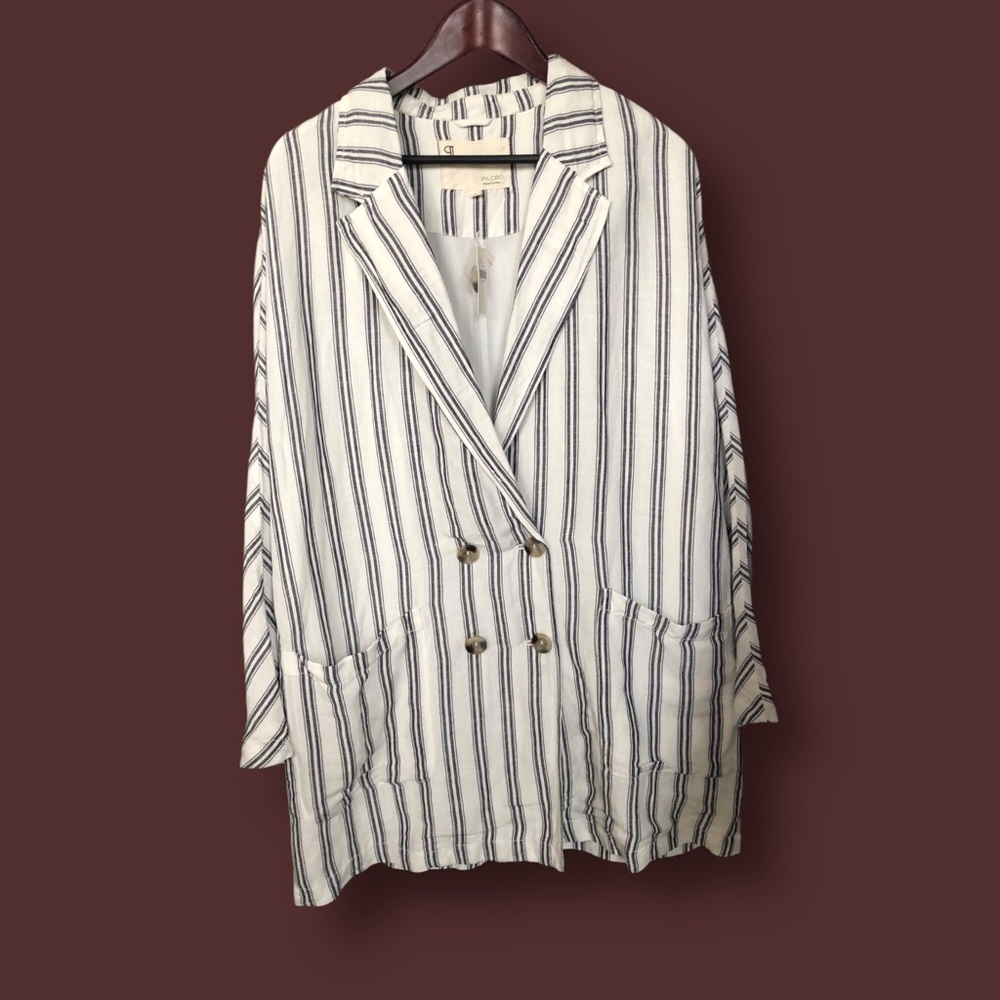 Anthropologie Pilcro Linen New Stripes Blazer Suit Dress Large Oversize Office